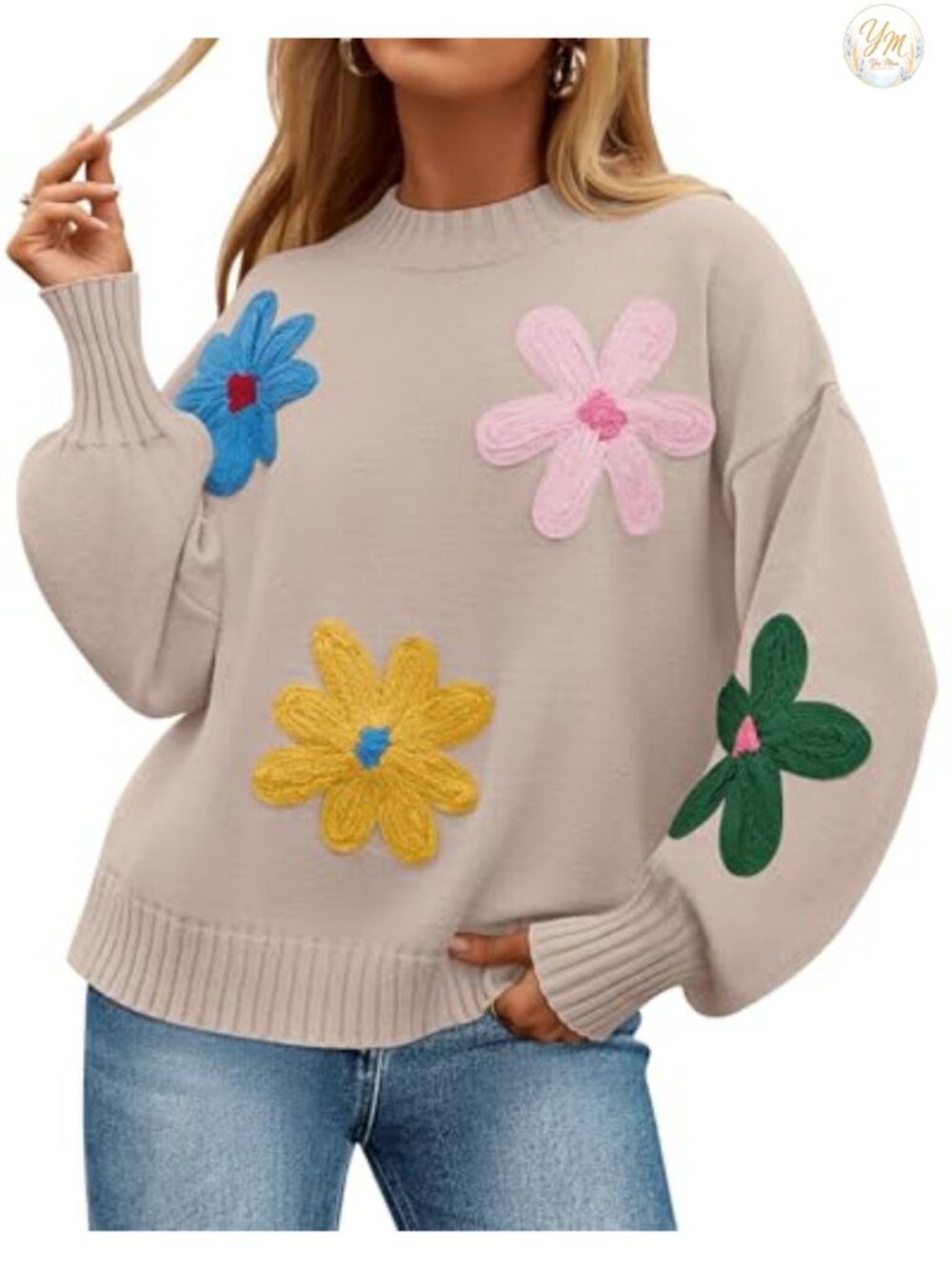 Floral Knit Pullover Sweater Crew Neck Long Sleeve Loose Fit